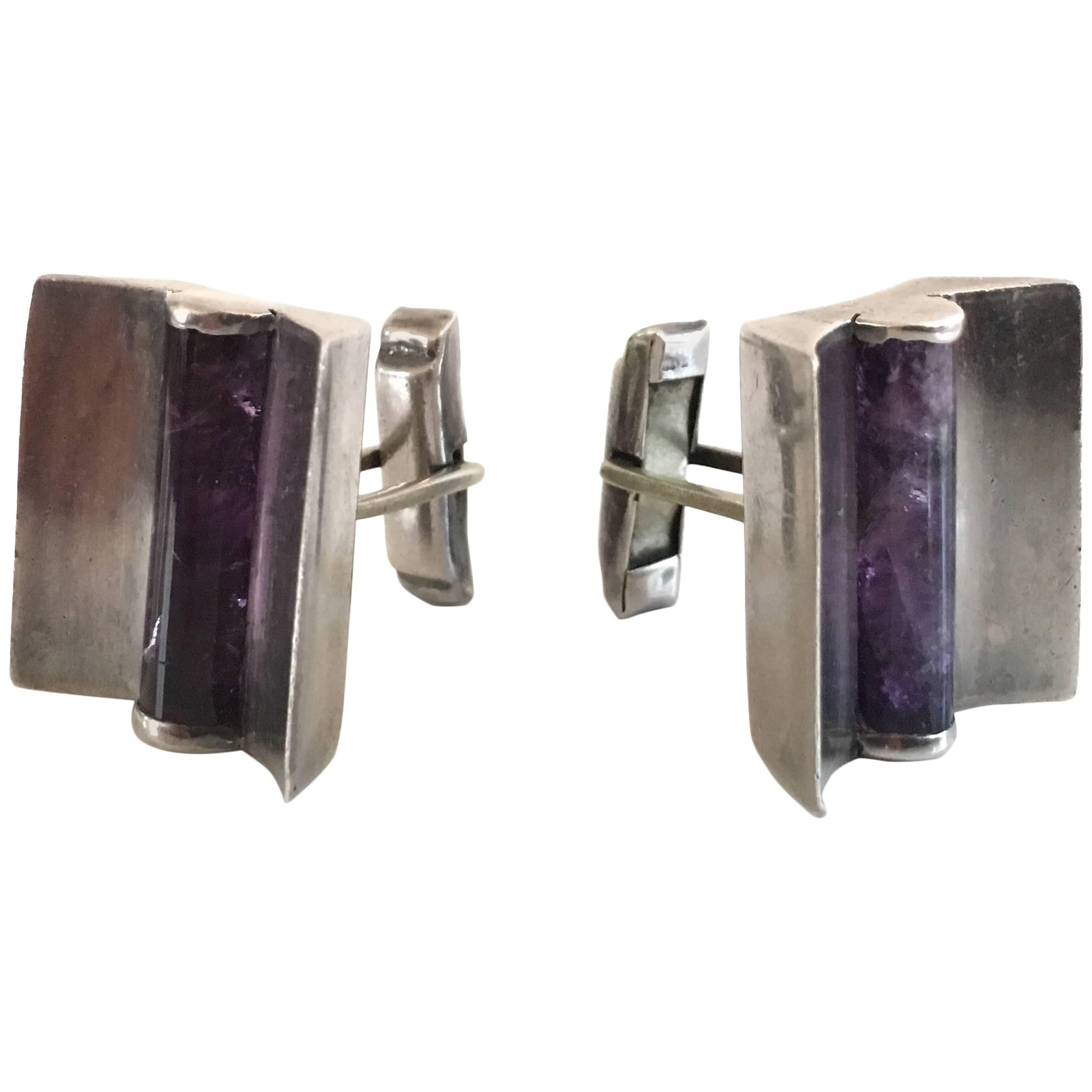 Taxco Sterling Silver & Amethyst Modern Design Cufflinks.  For Sale