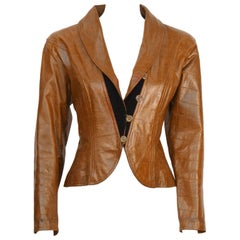 1980's Ungaro Croc Embossed Brown Leather Jacket 