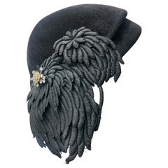 1950 Christian Dior Black Wool Double-Brimmed Hat w/ Embroidered Floral Cascade
