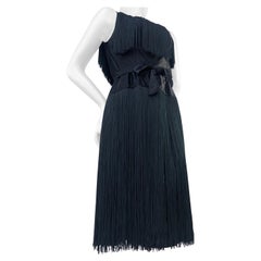 1961 Saks Fifth Avenue Black Silk Satin Sheath Dress w/ Heavy Long Fringe 