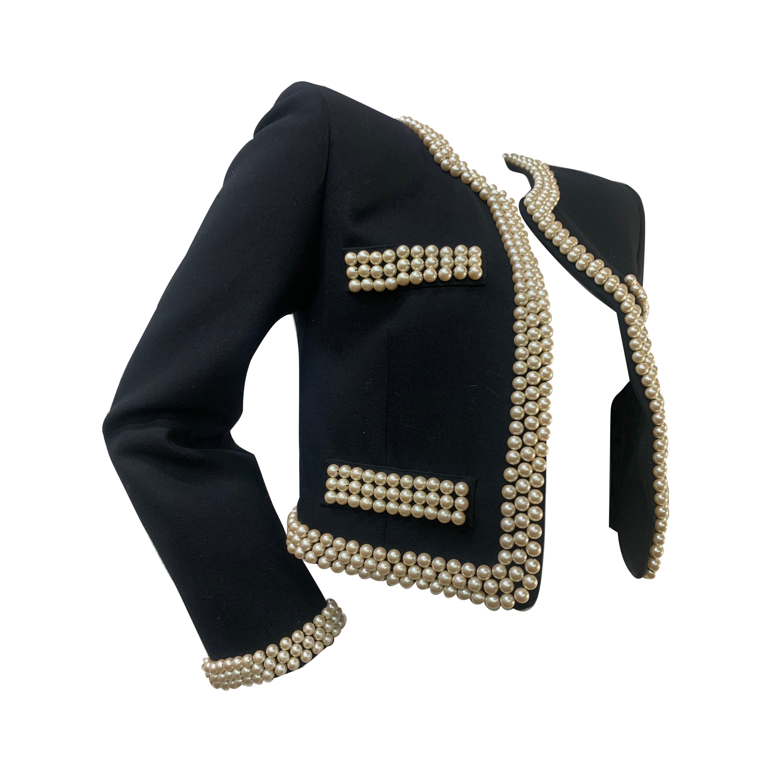 1980 Moschino Black Cropped Chanel-Styled Jacket w/ Pearl Studded Trim For Sale