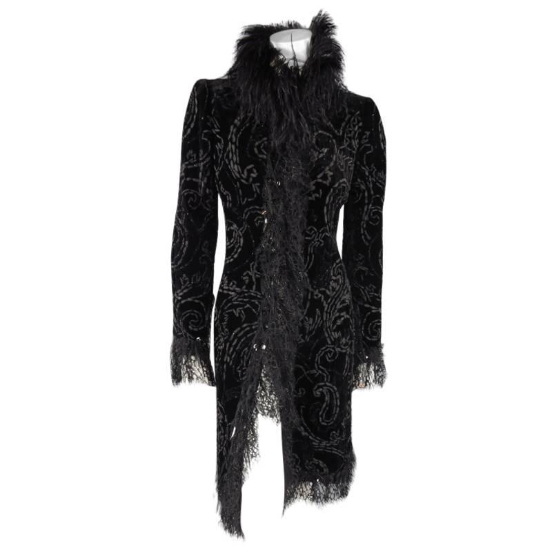 OSCAR DE LA RENTA Black Paisley Velvet Ostrich Feather Fringe Trim Evening Coat