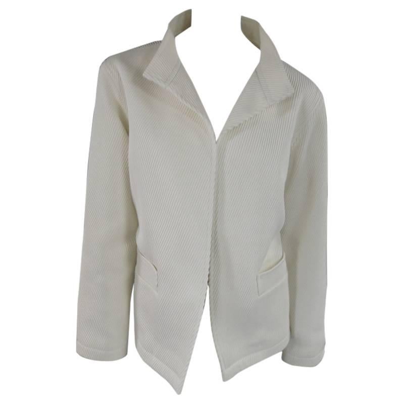 OSCAR DE LA RENTA Size 10 Off White Ribbed Cotton Open Front Jacket