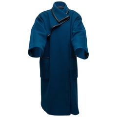        Trigere Teal & Black Wool Leather-Trimmed Coat