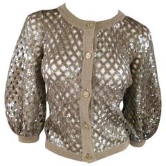 CHANEL Taupe Sequin Mesh Net Wool / Cashmere Puff Sleeve Cardigan