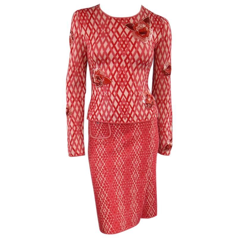 CHANEL Size 8 Red & Pink Rhombus Cashmere Sequin Flower Fall 2003 Skirt Suit