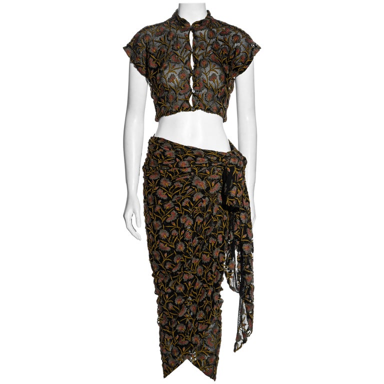 Callaghan by Romeo Gigli embroidered cotton mesh blouse and wrap skirt, ss 1990 For Sale
