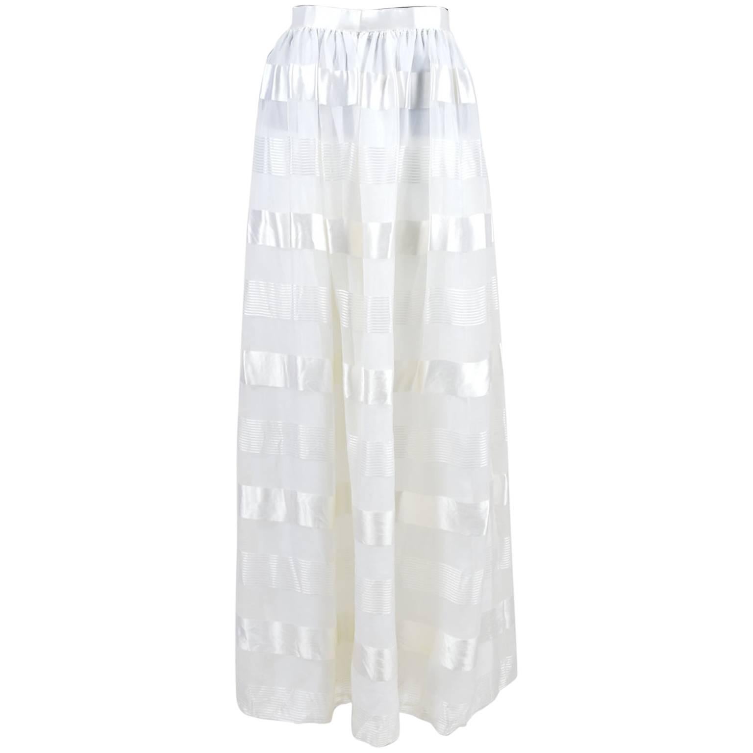 Vintage Adolfo At Saks Fifth Ave White Satin Sheer Stripe Overlay Bow Maxi Skirt For Sale