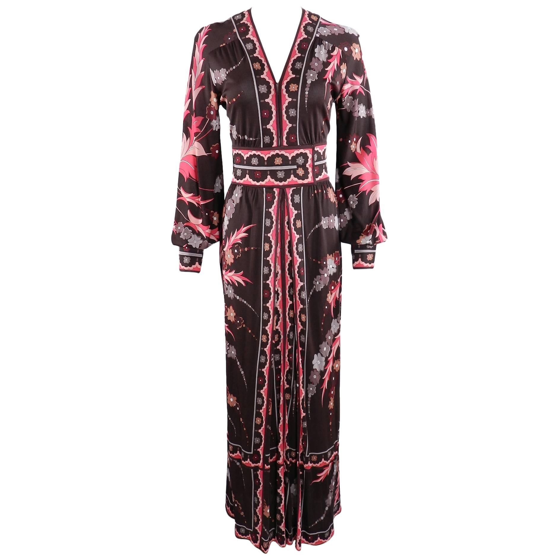 Vintage 1970's Emilio Pucci Pink and Brown Long Jersey Dress