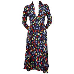 70's OSSIE CLARK for Quorum 'Celia Birtwell' fan printdress w/ plunging neckline 5