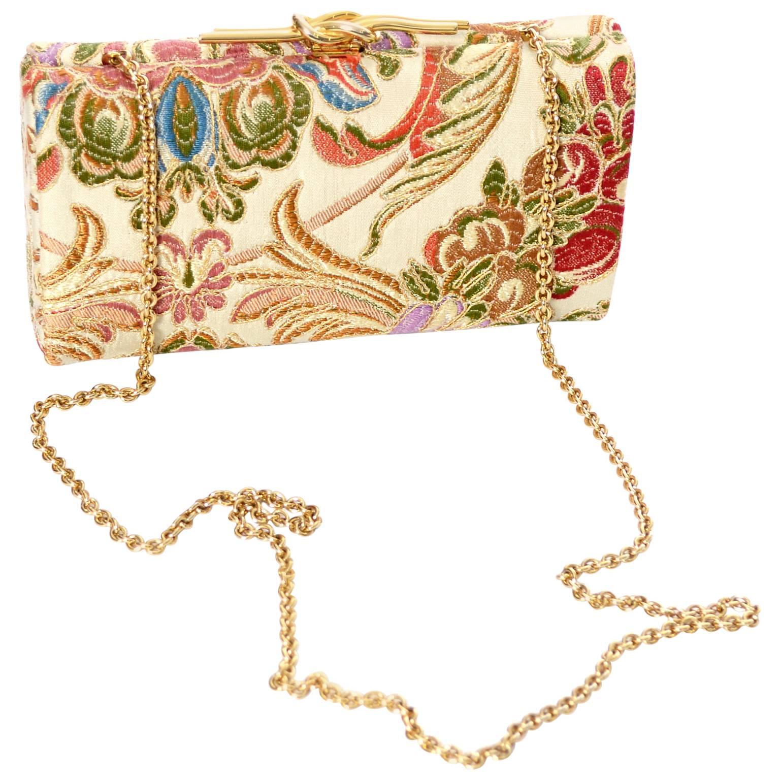 Vintage Rodo Handbag Tapestry Bag Gold Metallic Embroidery Chain Shoulder Strap