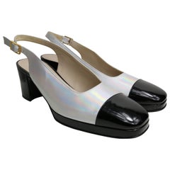 Vintage Chanel Bi Tone Metallic Silver with Black Patent Square Toe Slingback Shoes