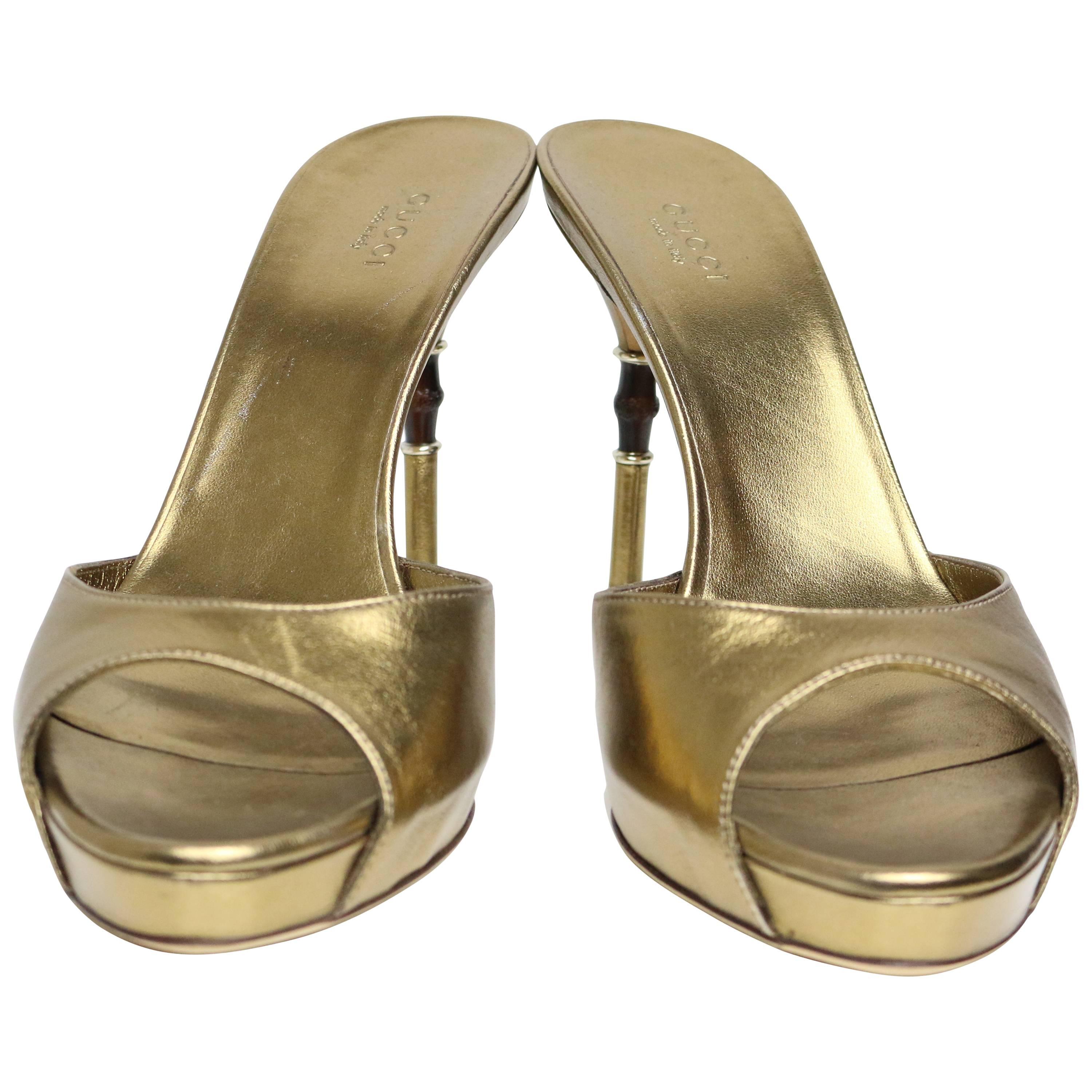 Gucci Gold Metallic Leather Slip-On Sandals Bamboo Heels