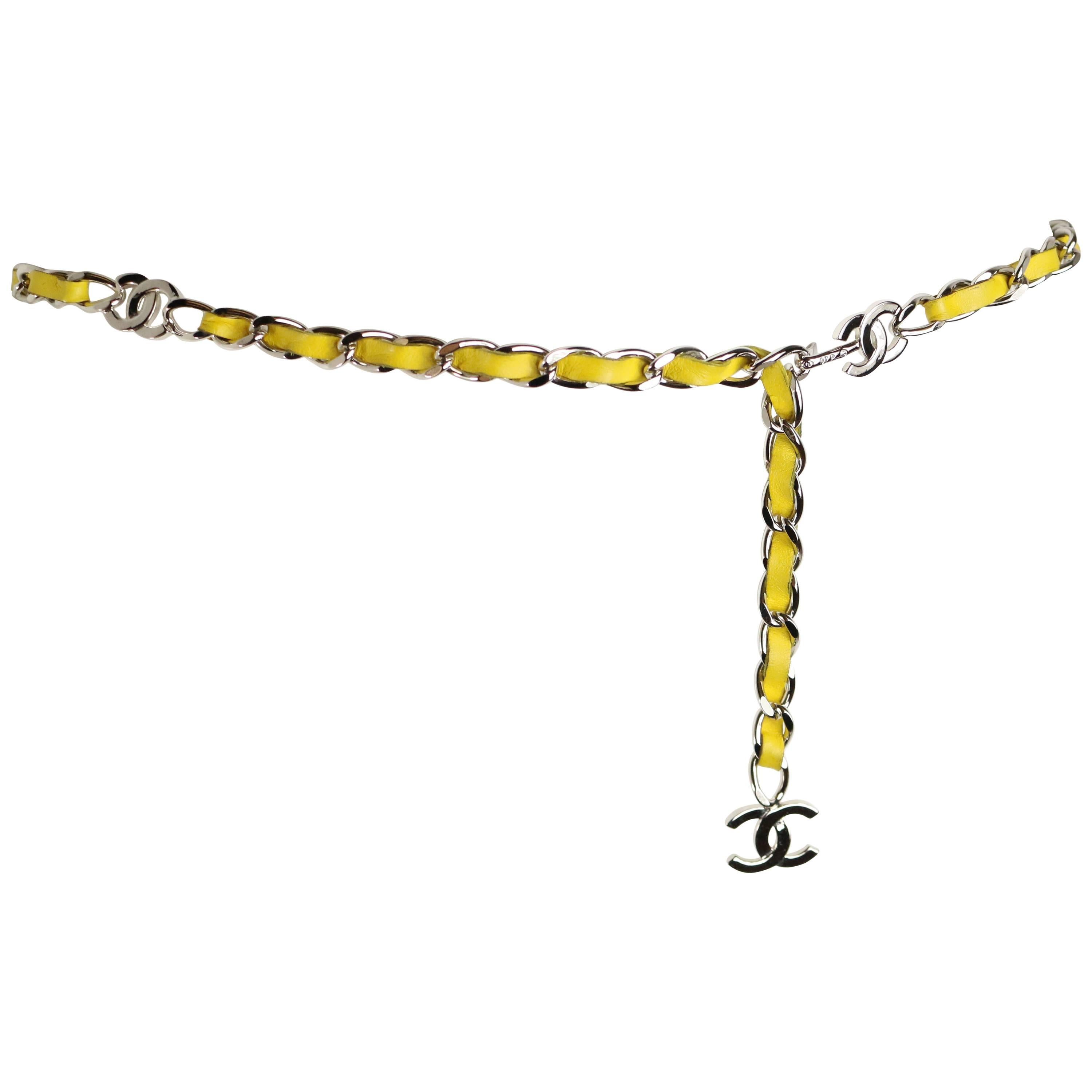 Chanel Yellow Leather Silver Chain Belt With Silver "CC" Logo For Sale