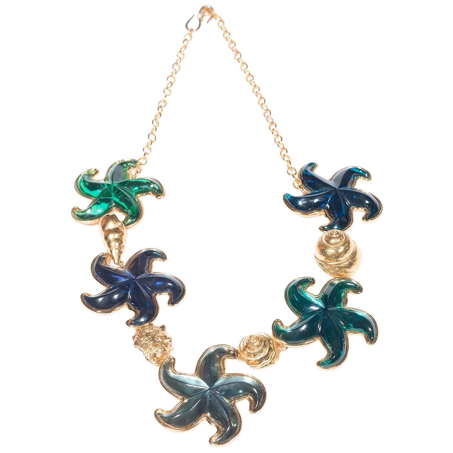1990s Goossens Paris  Amazing  Blue Green Stars Necklace 