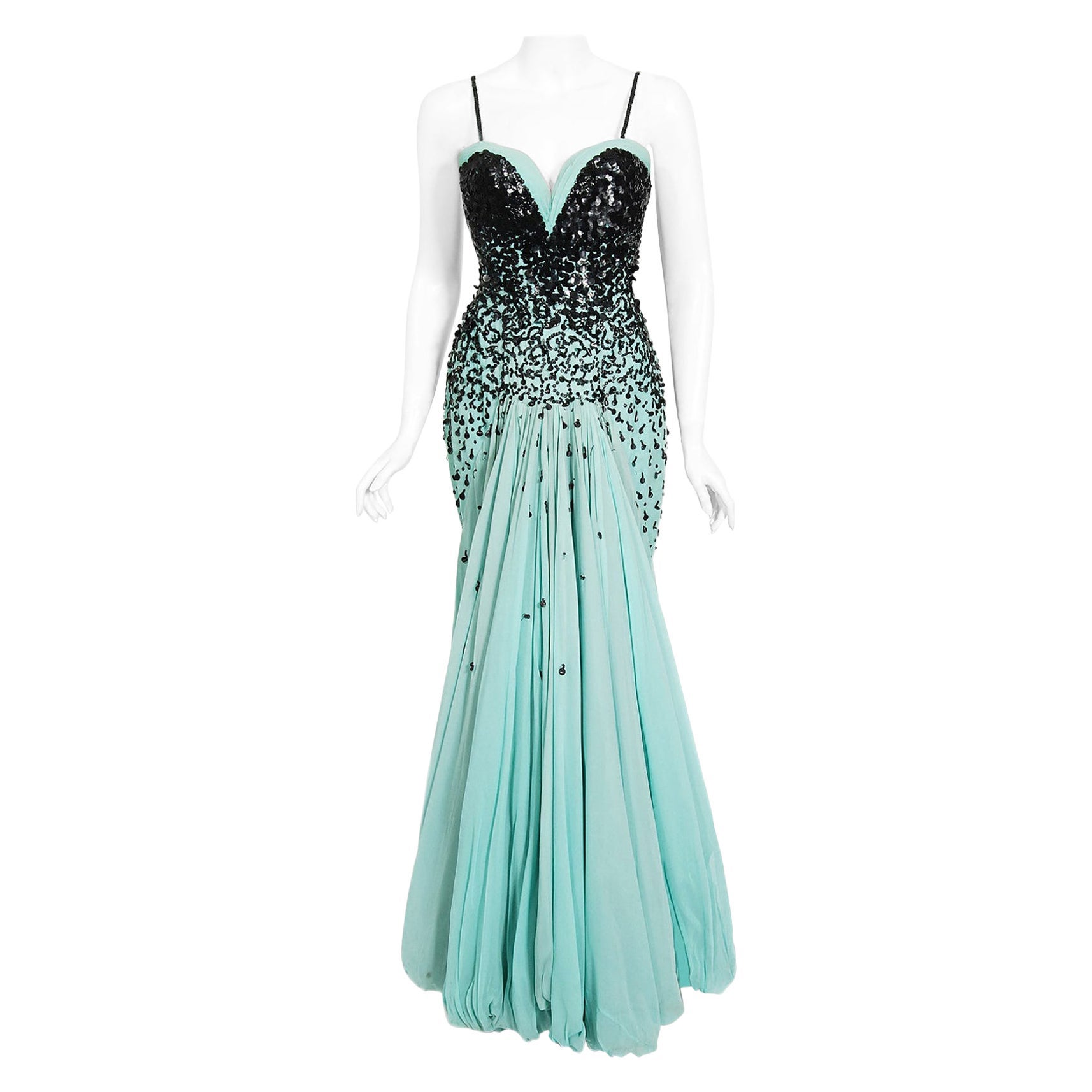 Vintage 1950's Yma Sumac Custom Couture Beaded Blue Silk Hourglass Gown Ensemble