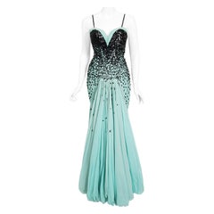 Vintage 1950's Yma Sumac Custom Couture Beaded Blue Silk Hourglass Gown Ensemble