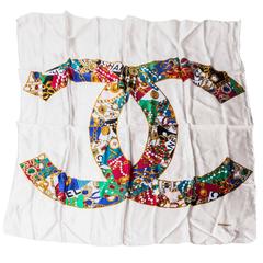 Chanel Vintage Cream Silk Scarf with Multi-Colored CC Center Logo