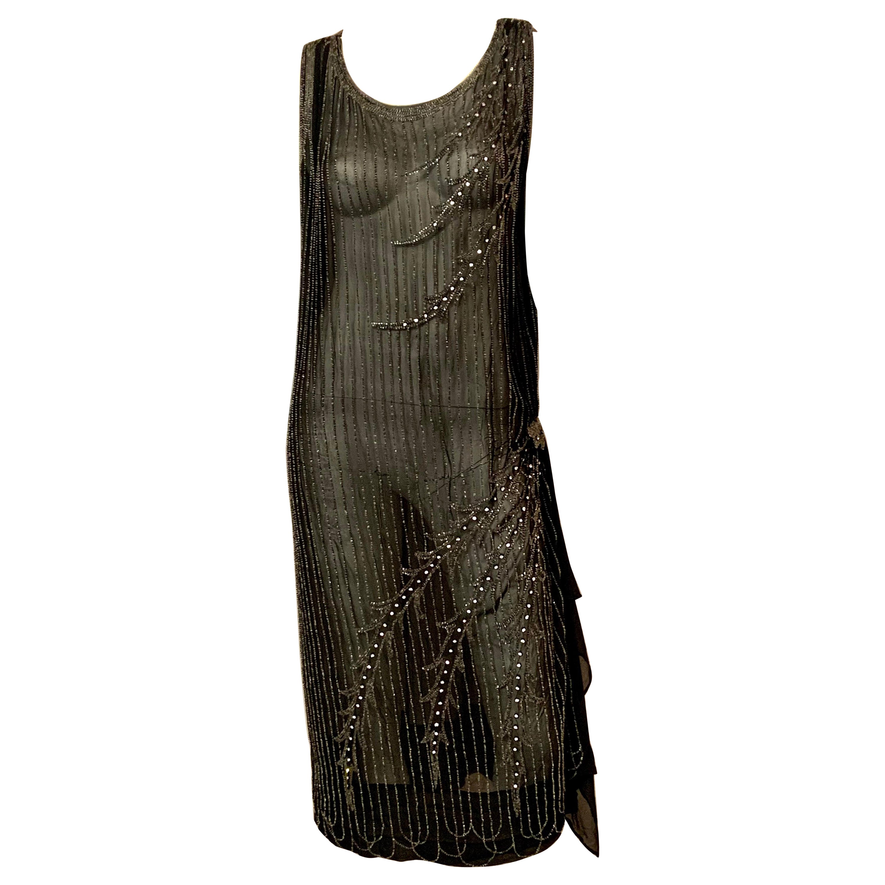 1920's French Flapper Dress  Black Silk with Sparkling Beadwork For Sale