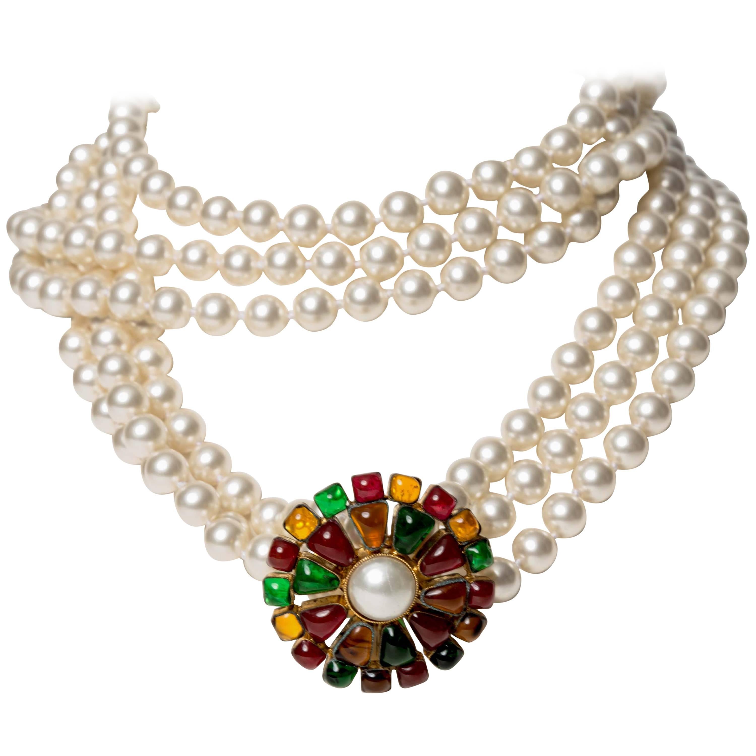 Chanel Multi-strand Pearl & Pâte de Verre Brooch Necklace 