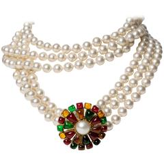 Vintage Chanel Multi-strand Pearl & Pâte de Verre Brooch Necklace 