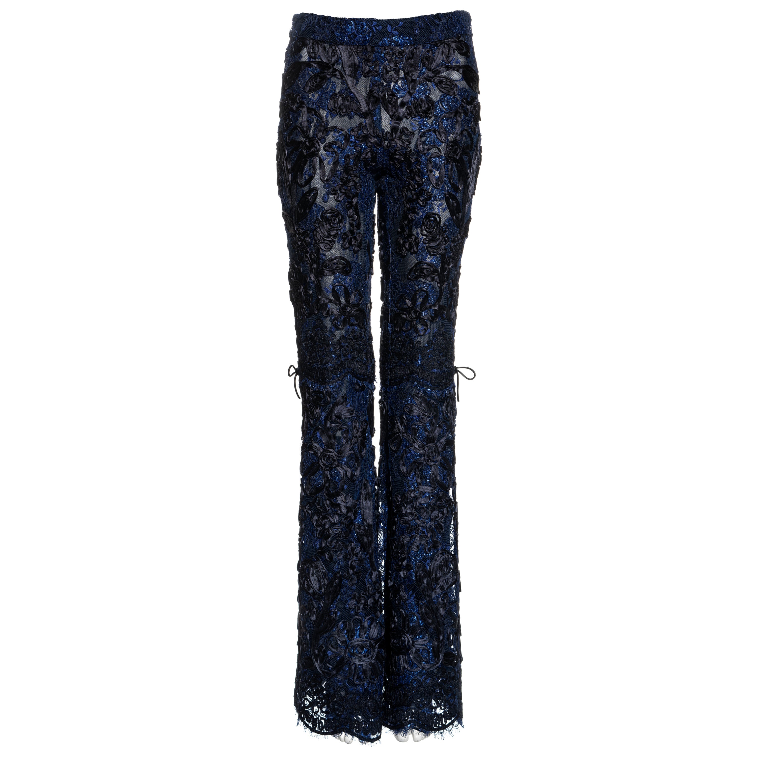 Gucci by Tom Ford blue and black lamé floral lace flared pants, fw 1999