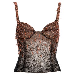 Gianni Versace - top a bustino in rete con perline nere e corallo, fw 1999