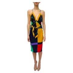 Morphew Collection Black, Yellow, Green & Red Silk Geometric Scarf Dress Made F