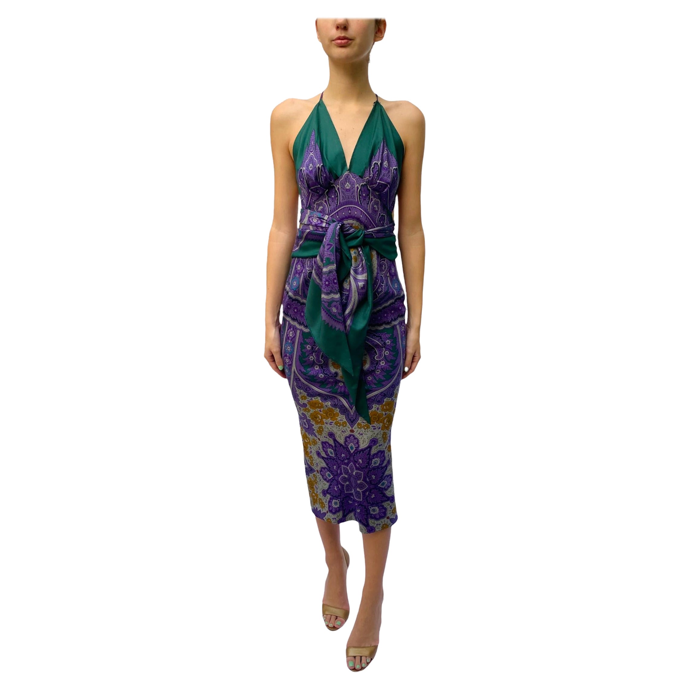 Morphew Collection Purple & Green Silk Twill Floral Print Scarf Dress Made From