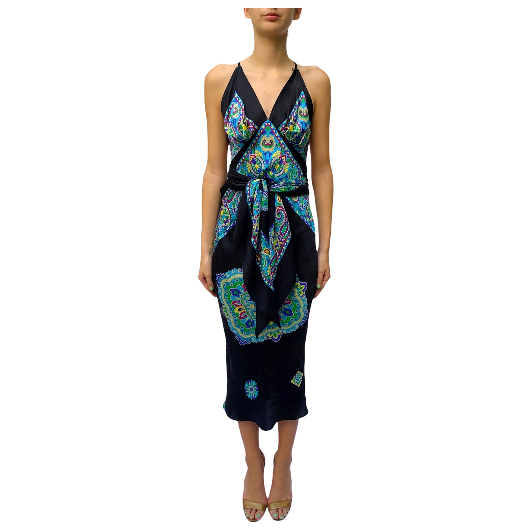 Morphew Collection Black & Blue Multicolored Silk Twill Print Scarf Dress Made 
