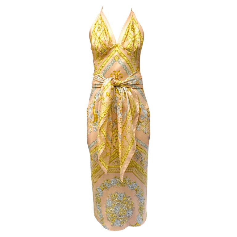 Morphew Collection Peach and Gold Silk Twill Status Print Scarf Dress