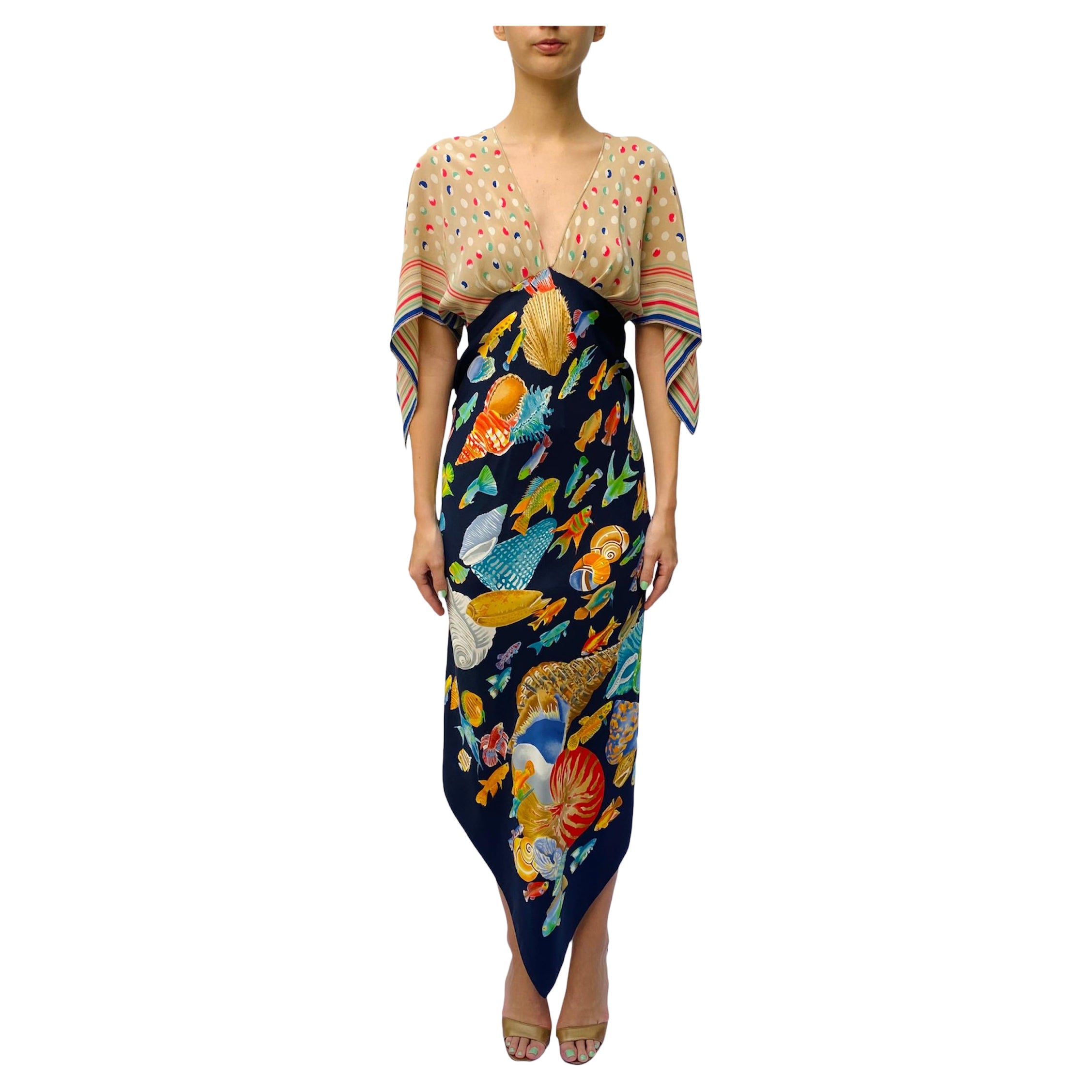 Morphew Collection Navy Blue & Beige Silk Sea Life Print 2-Scarf Dress Made Fro For Sale