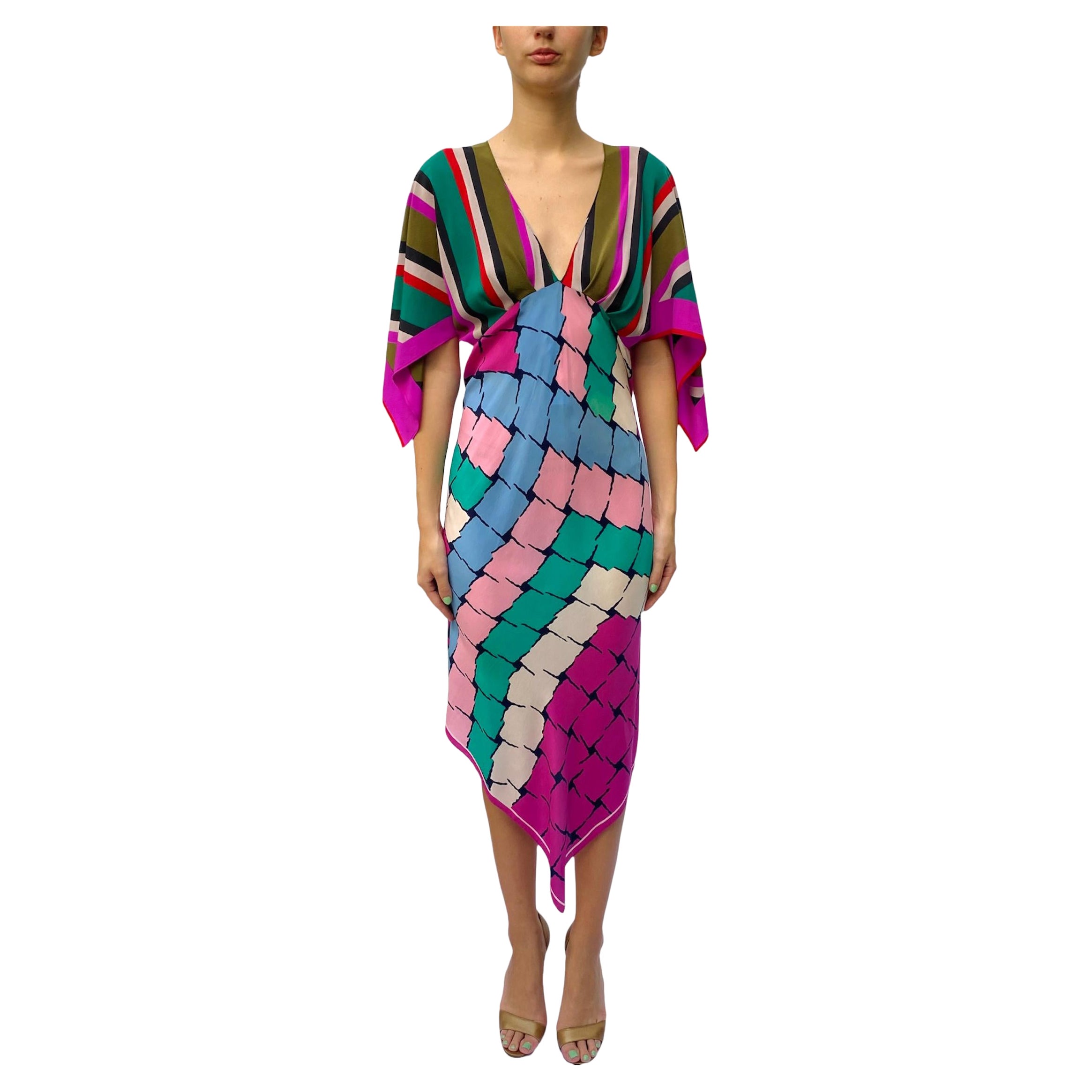 Morphew Collection Pink & Blue Multicolored Silk Geometric Stripe 2-Scarf Dress