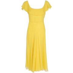 1970's Halston Yellow Silk-Chiffon Flutter Shawl Collar Plunge Goddess Dress