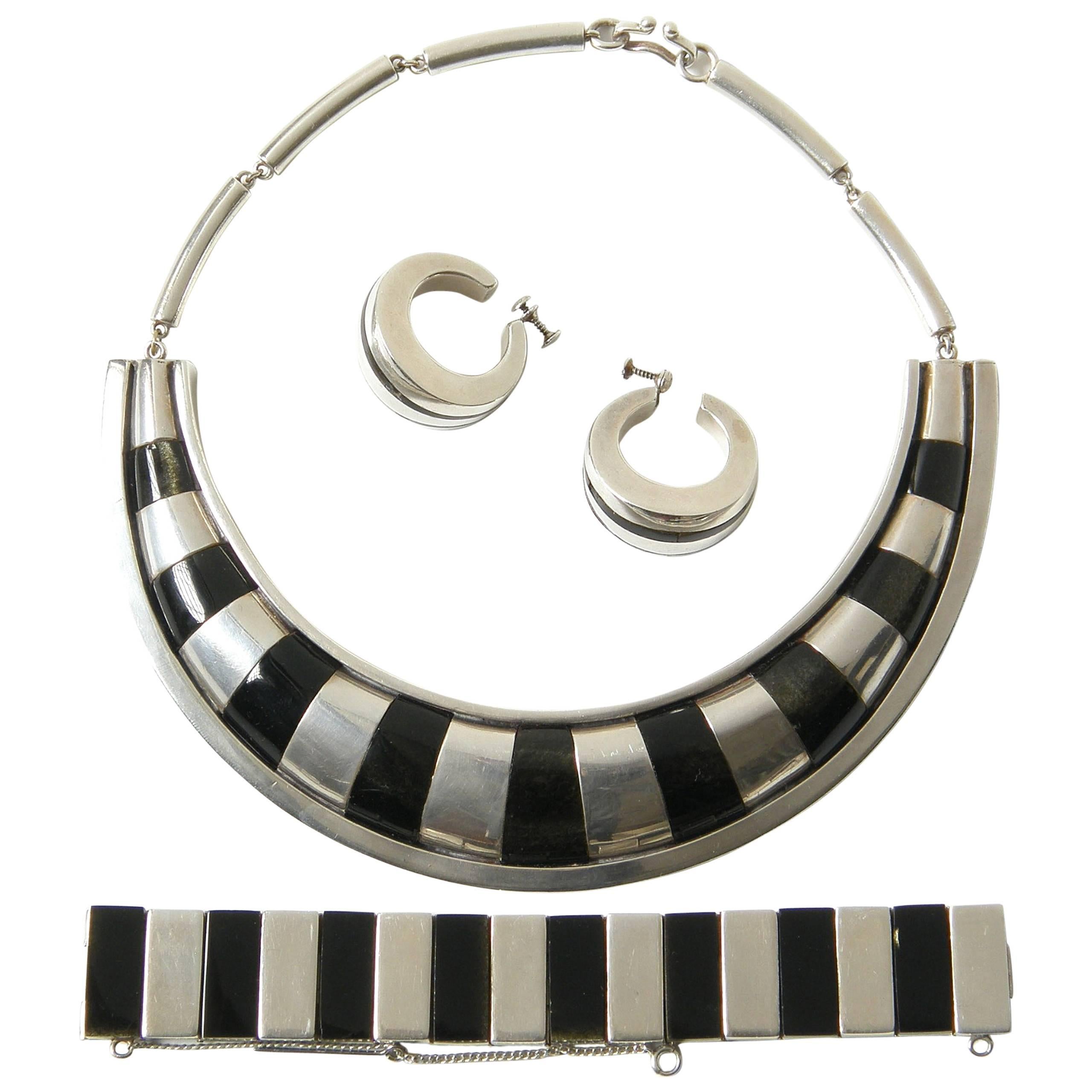 Piedra Y Plata Sterling and Obsidian Parure Necklace Bracelet and Earrings For Sale