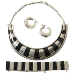 Piedra Y Plata Sterling and Obsidian Parure Necklace Bracelet and Earrings