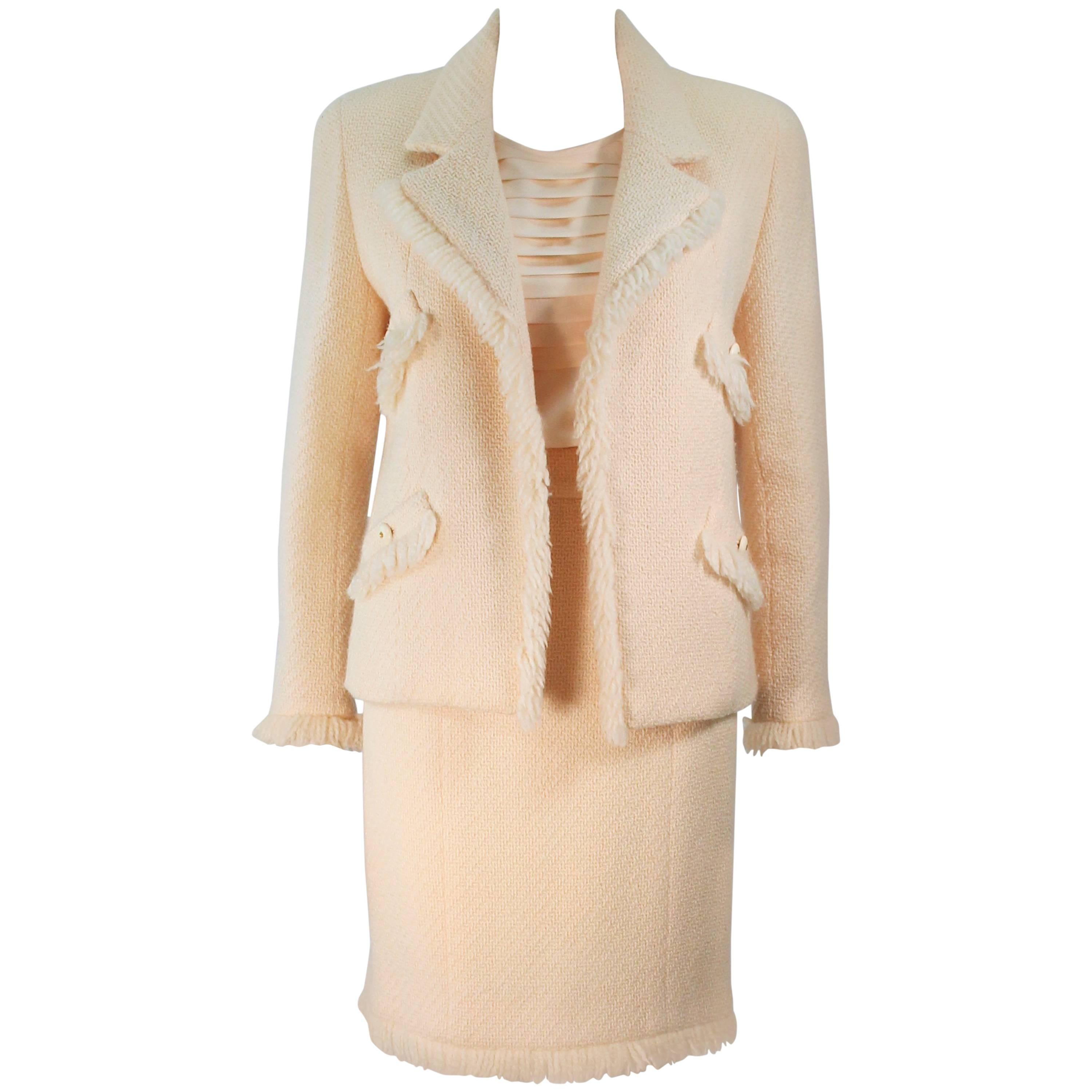 CHANEL Cream Wool 3pc Skirt Suit with Fringe Trim and Gold Hardware Size 38