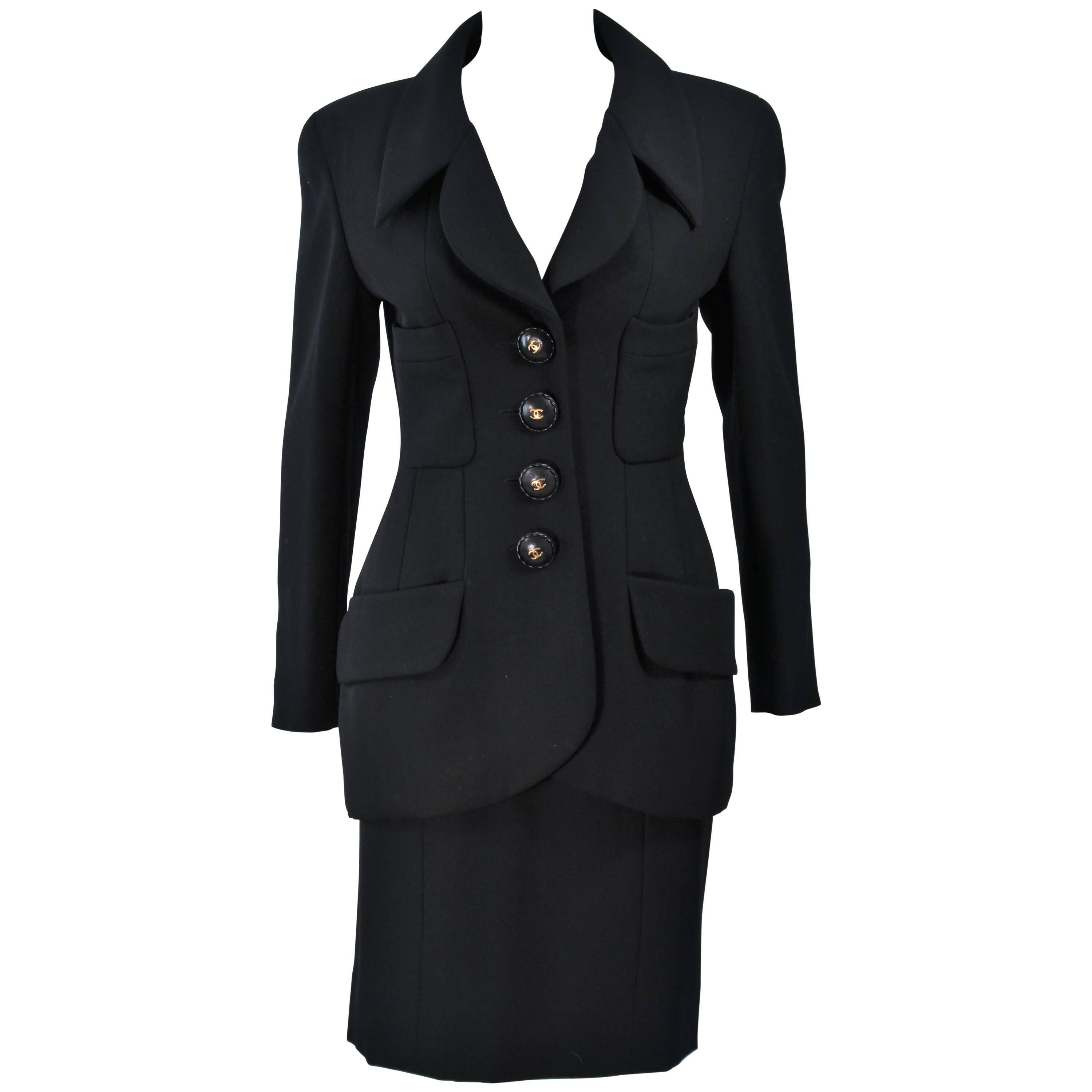 CHANEL BLACK WOOL BUTTON SKIRT SUIT With GOLD HARDWARE SIZE 38