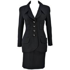 Vintage CHANEL BLACK WOOL BUTTON SKIRT SUIT With GOLD HARDWARE SIZE 38