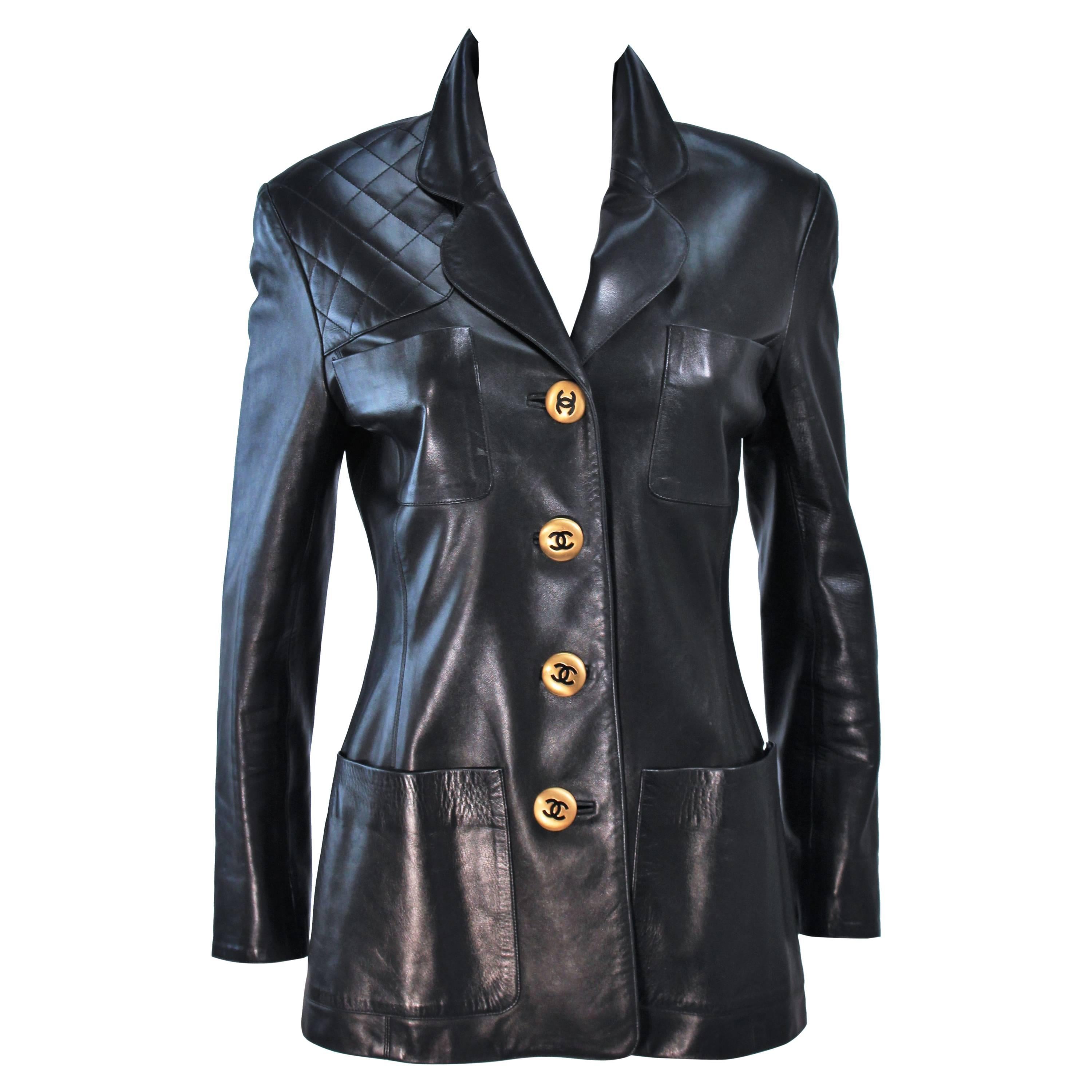 CHANEL Black Leather Jacket with Quilted Accent and Gold Buttons Size 8
