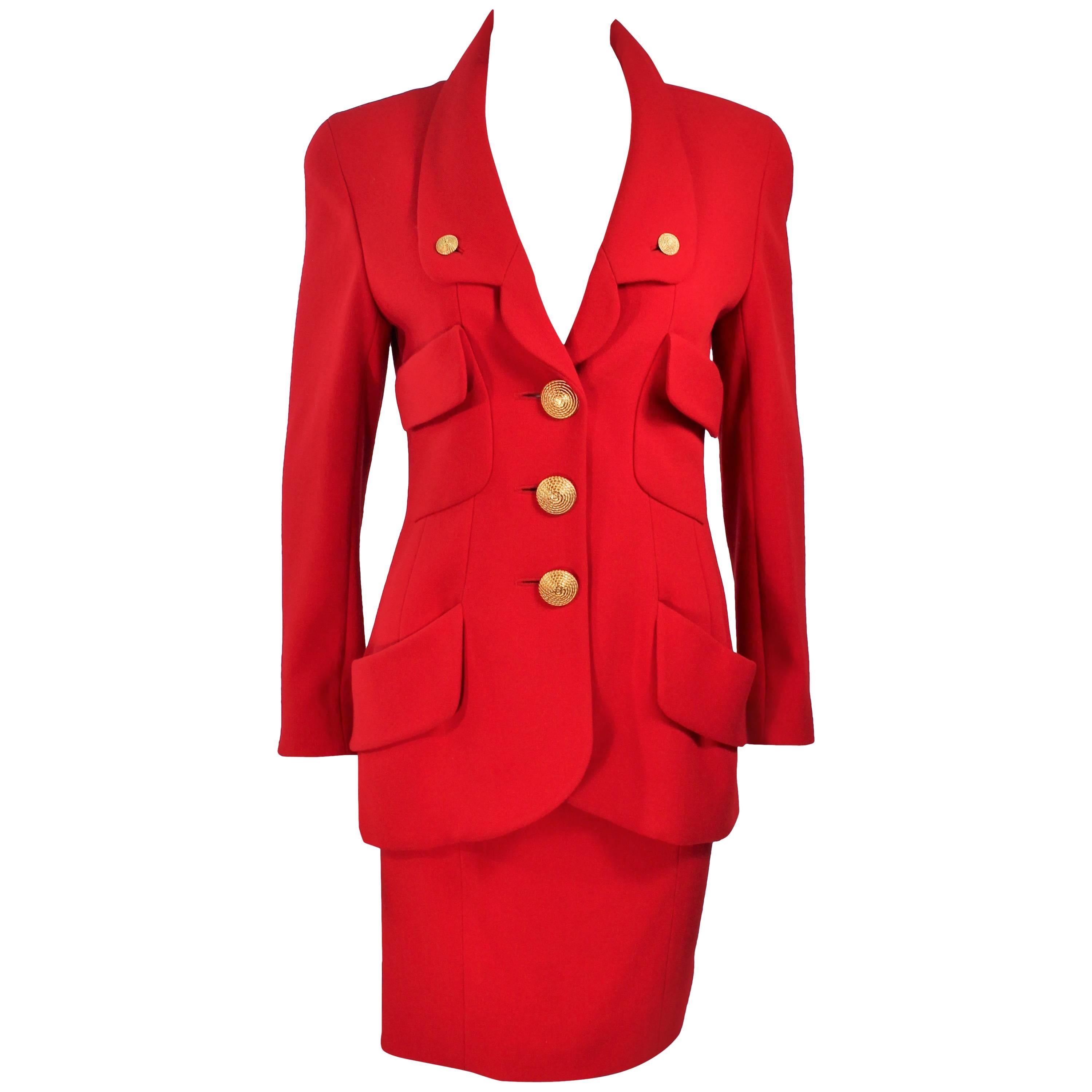 CHANEL RED WOOL SKIRT SUIT With GOLD BUTTONS SIZE 40