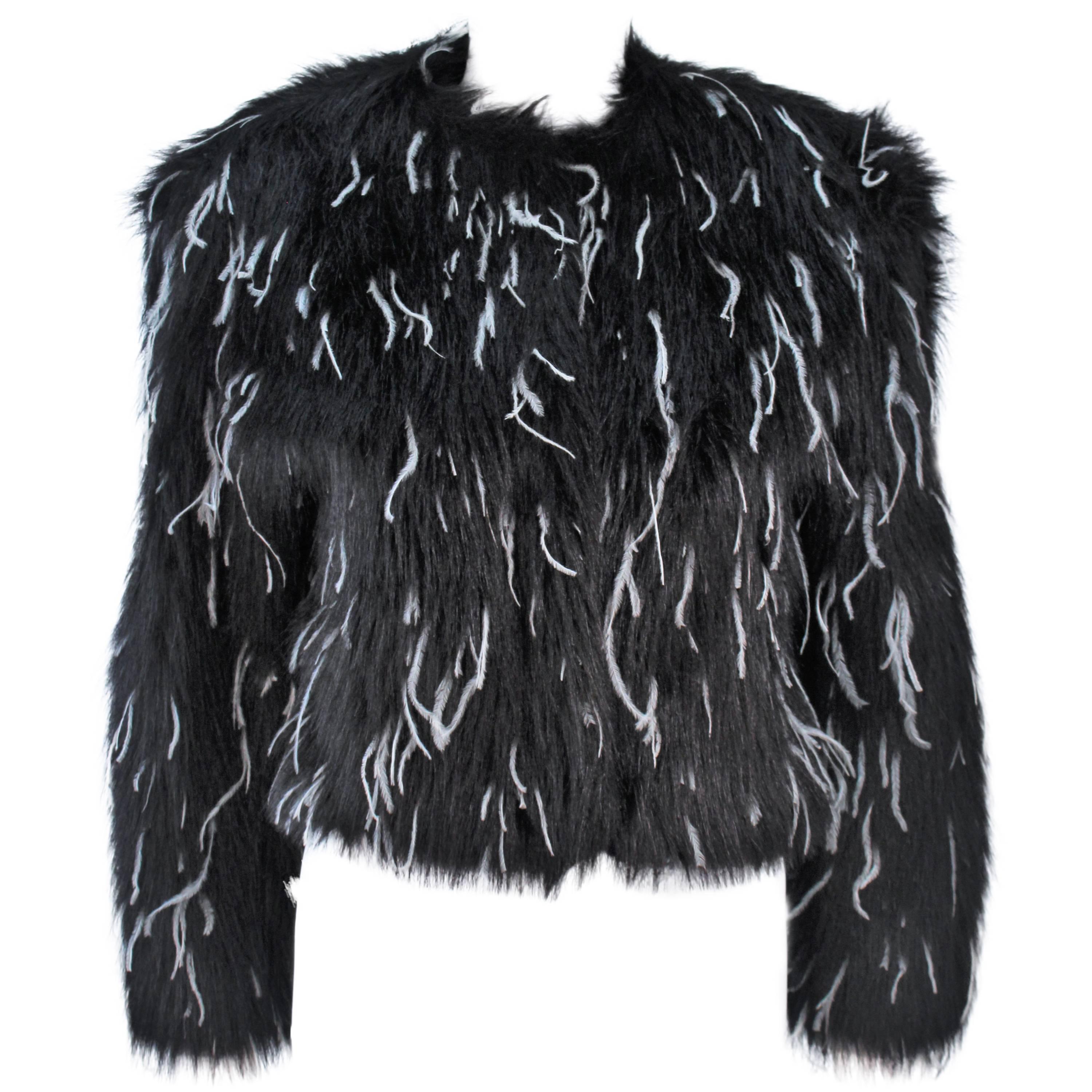 KRIZIA Black Faux Fur Jacket with White Ostrich Feathers Size 42