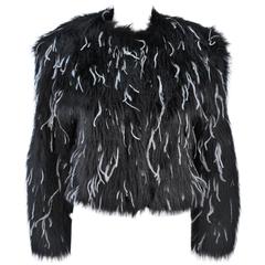 Vintage KRIZIA Black Faux Fur Jacket with White Ostrich Feathers Size 42