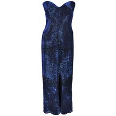 Vintage HALSTON Rare Blue Beaded Strapless Gown Size 2-6