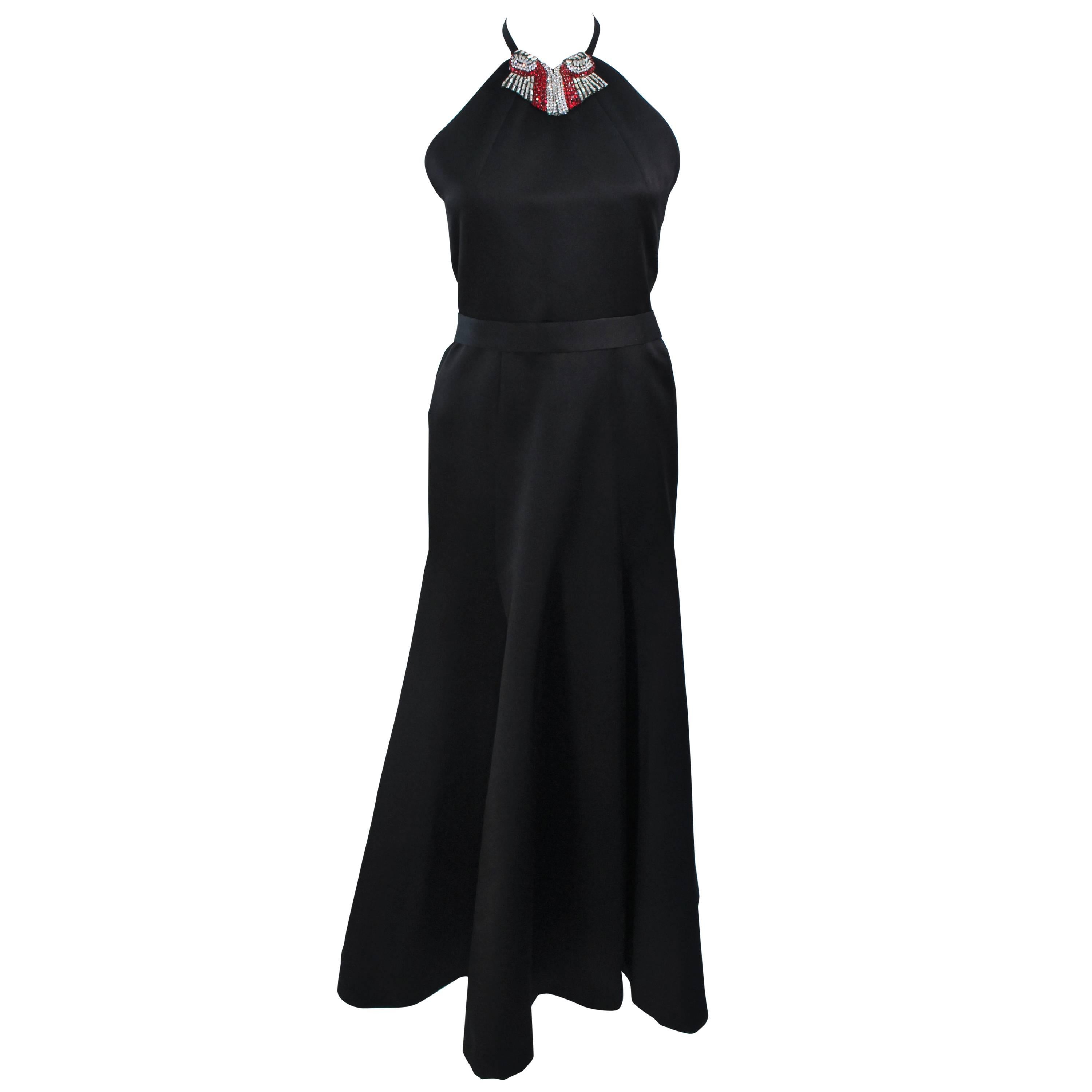 CHLOE Rare Black Satin Halter Gown with Jeweled Rhinestone Collar & Belt Size 8