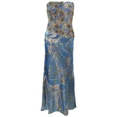 GALANOS Rare Baby Blue and Gold Silk Lame Gown with Wrap Size 6-8 3