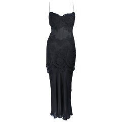 GALANOS Black Sheer Silk Chiffon Gown with Lace Applique & Wrap Size 8-10