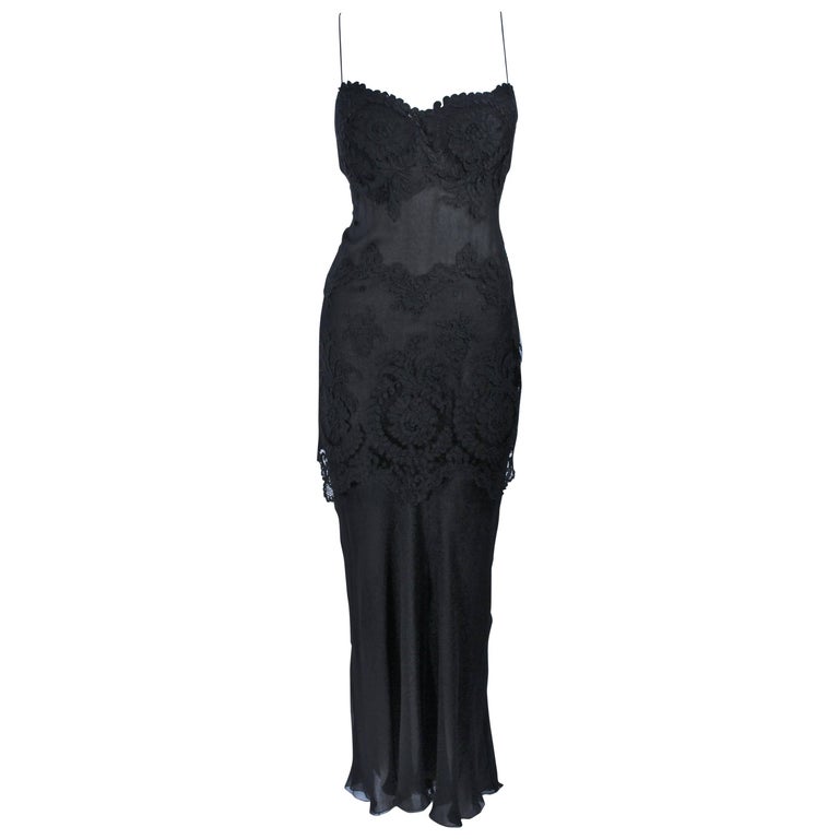 GALANOS Black Sheer Silk Chiffon Gown with Lace Applique and Wrap Size ...