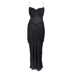 GALANOS Black Sheer Silk Chiffon Gown with Lace Applique & Wrap Size 8-10 3