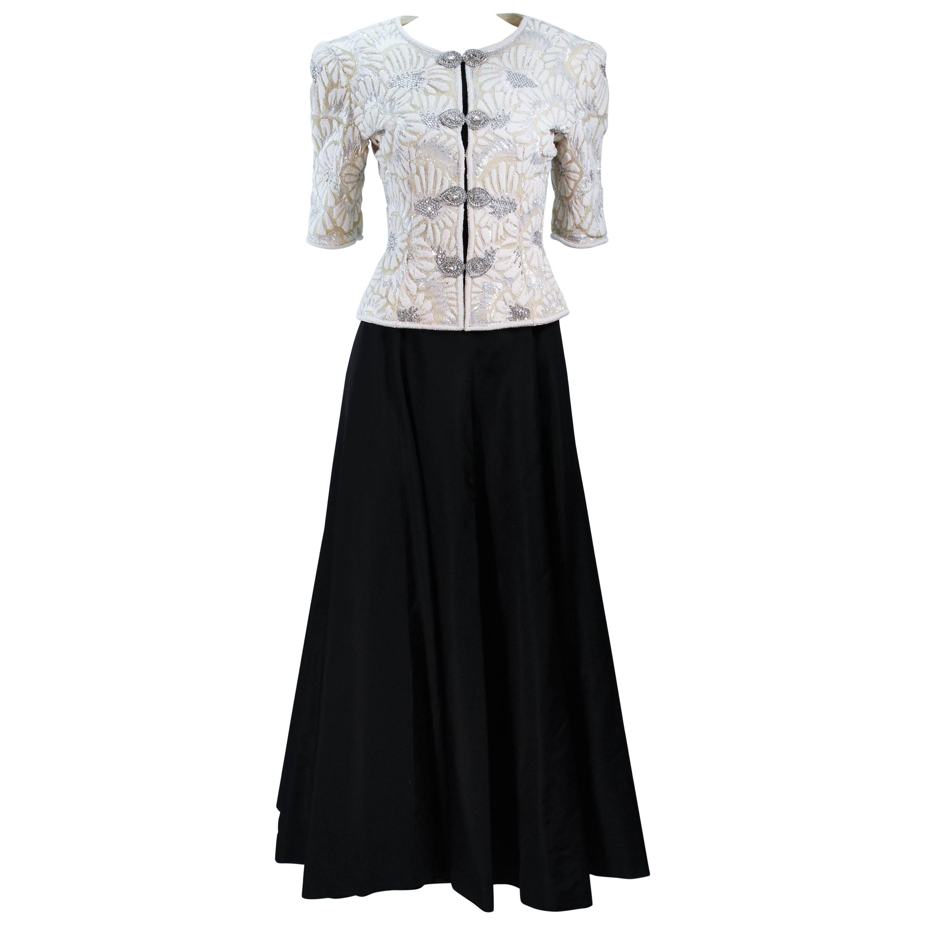 OSCAR DE LA RENTA Black Satin Gown and Embellished Jacket Ensemble Size 8
